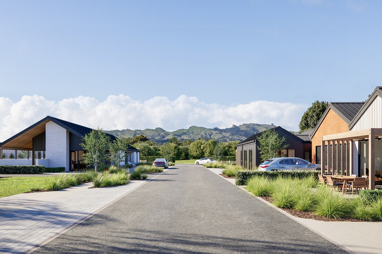 Looking down retirement village road toward Te Mata peak